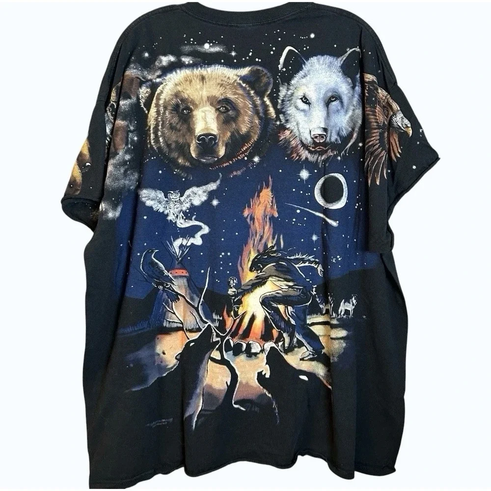 Vintage Liquid Blue Shirt Mens 2XL Indian Bear Wolf AOP Nature Tee Cut Off